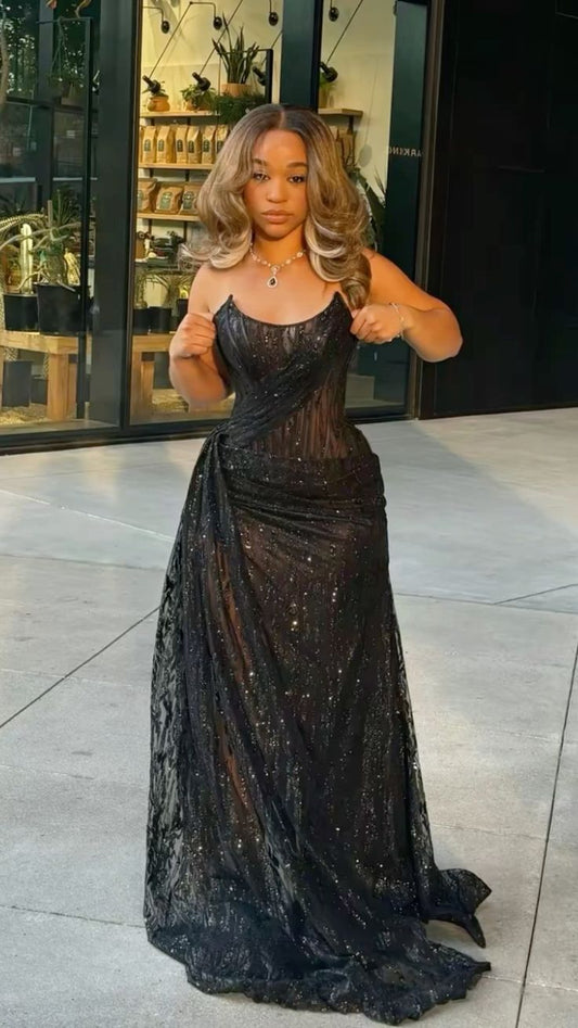 Sexy Black Lace Sequin Slit Long Prom Dress Mermaid Evening Dress