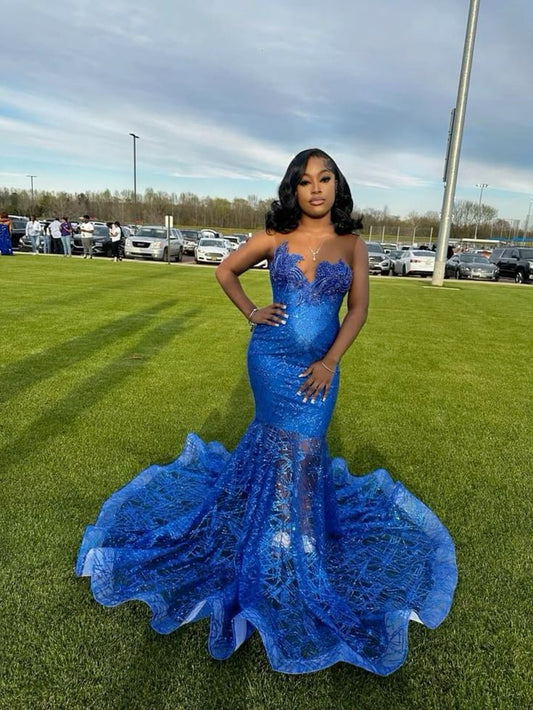 Blue Mermaid Long Party Prom Dresses Mermaid Evening Dresses