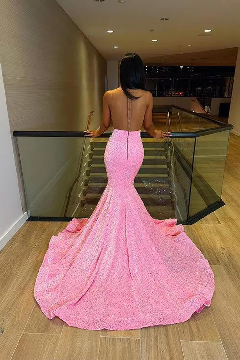 Luxury Crystal Beading Prom Dresses Women Pink Sparkly Sequined Mermaid Exquisite Formal Party Evening Gowns Vestido De Fiesta