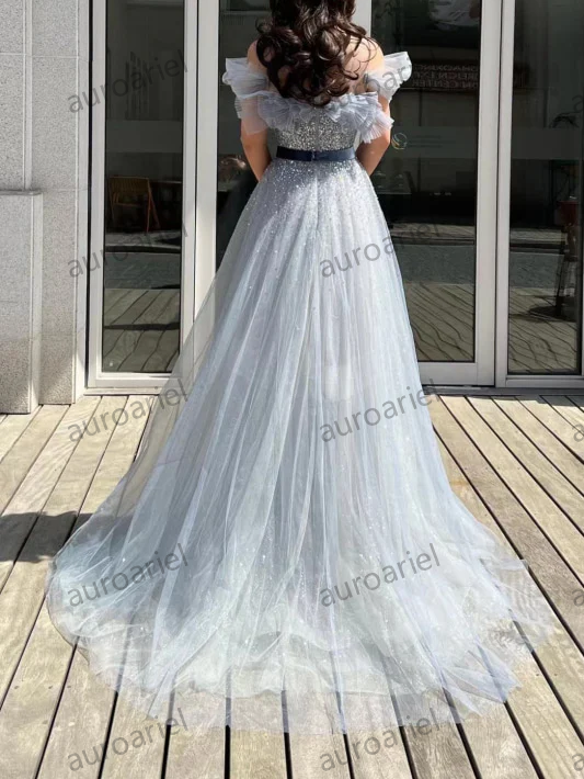 Elegant Off-the-Shoulder A-Line Sequins Tulle Prom Dress with Belt and Beads