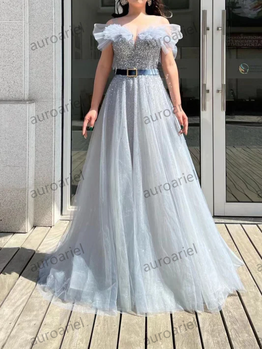 Elegant Off-the-Shoulder A-Line Sequins Tulle Prom Dress with Belt and Beads