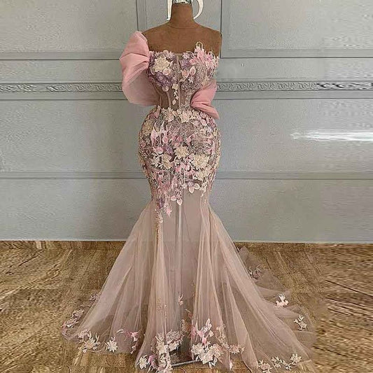 Charming 3d Appliques Pink Mermaid Prom Dresses Sexy