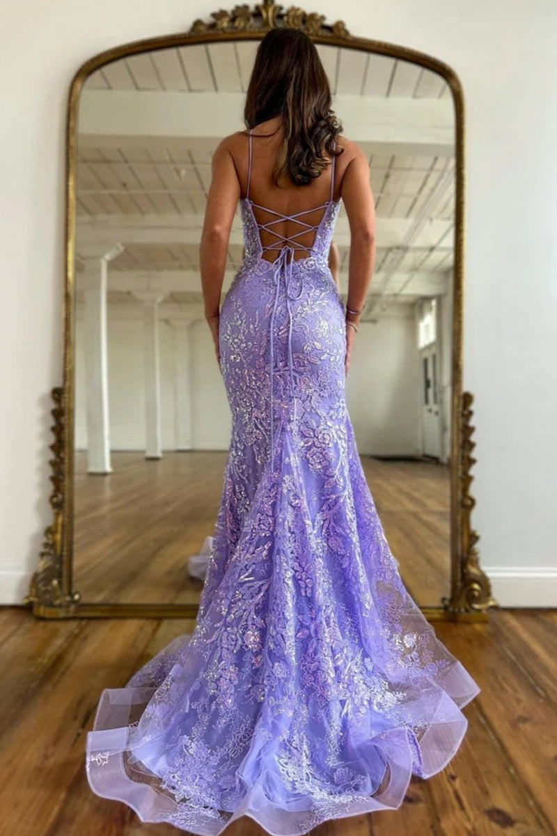 Gorgeous Scoop Neck Mermaid Lilac Sequin Lace Long Prom Dresses