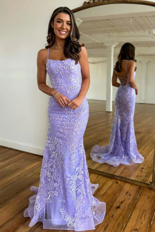 Gorgeous Scoop Neck Mermaid Lilac Sequin Lace Long Prom Dresses