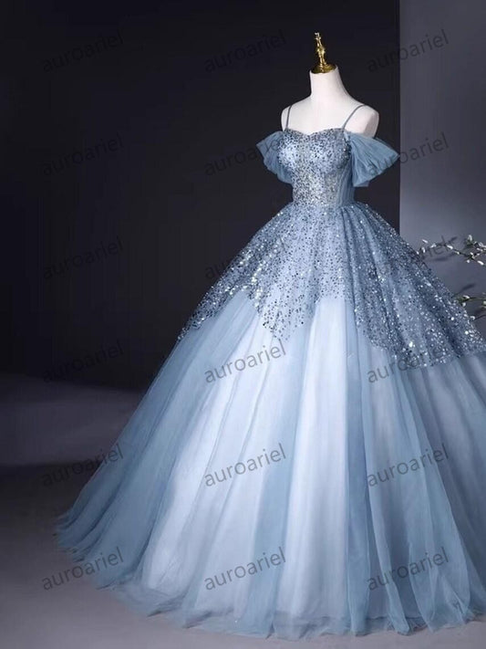 Blue Sequins Tulle Ball Gown,Off Shoulder Blue Prom Dress,Formal Prom Dress,A line Fairy Prom Dress, Evening Ball Gown,Maxi Blue Prom Dress