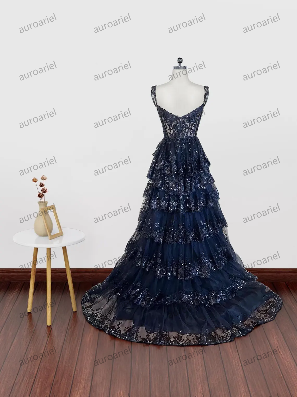 Dark Navy Blue Layered Lace Prom Dresses, Dark Navy Blue Lace Layered Formal Evening Dresses with Straps