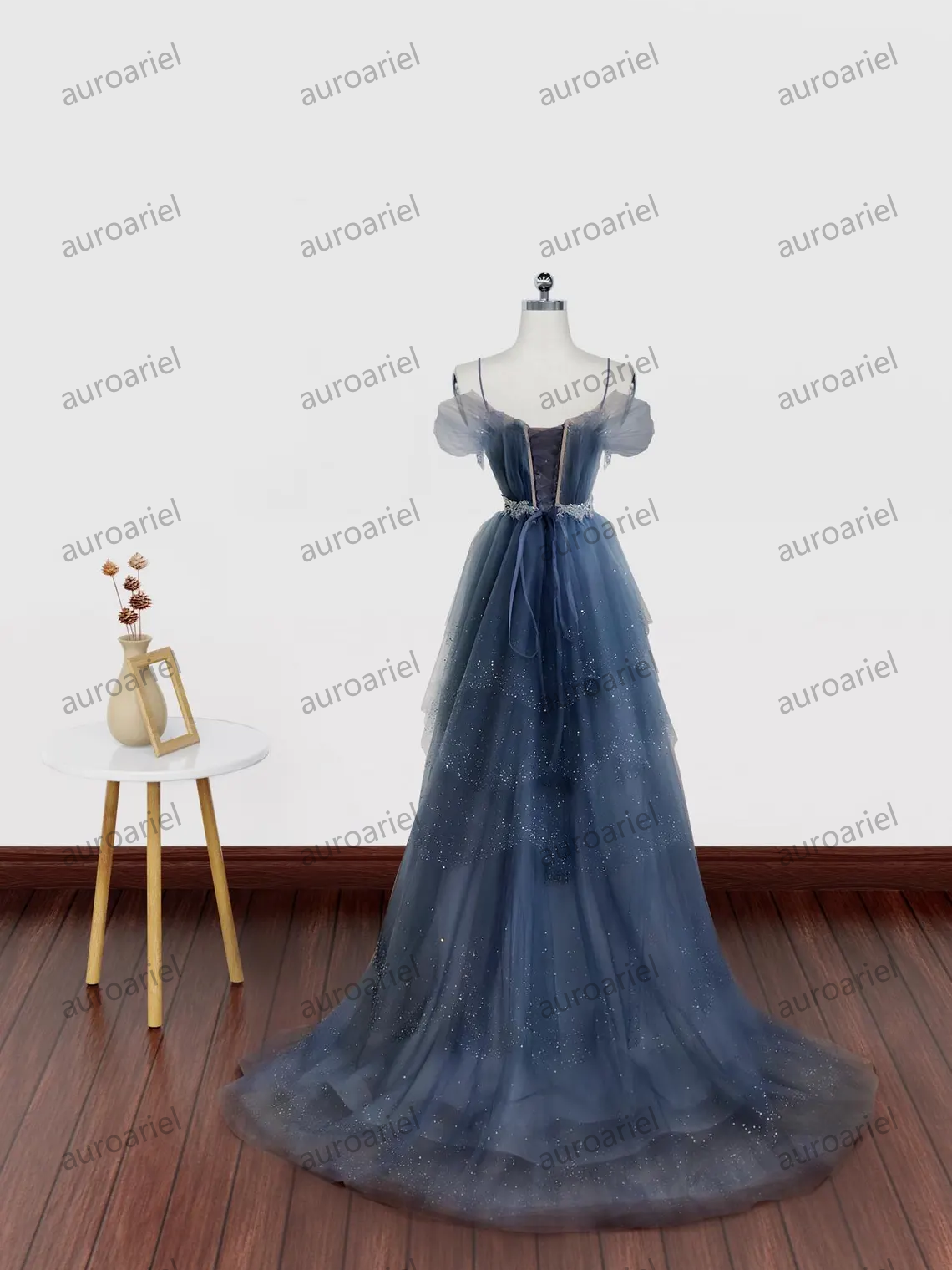Dark Navy Blue Puffy Layered Long Prom Dresses, Dark Blue Layered Puffy Long Formal Evening Dresses