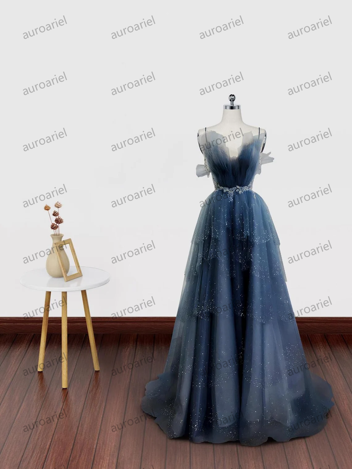 Dark Navy Blue Puffy Layered Long Prom Dresses, Dark Blue Layered Puffy Long Formal Evening Dresses
