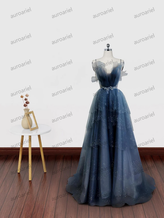 Dark Navy Blue Puffy Layered Long Prom Dresses, Dark Blue Layered Puffy Long Formal Evening Dresses