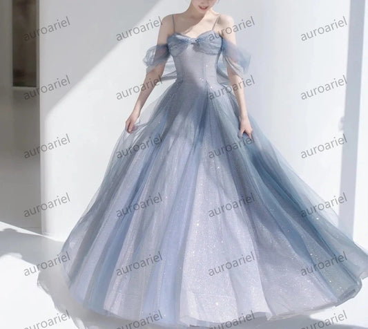 Fairy Blue Prom Gown,Straps Prom Dress,Long Prom Dress,Evening Gown,Princess Dress,Graduation Dress,Charming Lace Prom Dress,Gifts For Her