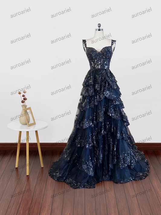 Dark Navy Blue Layered Lace Prom Dresses, Dark Navy Blue Lace Layered Formal Evening Dresses with Straps
