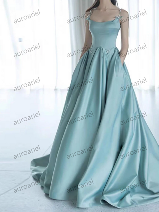 Elegant Pearl Satin Spaghetti Strap Prom Dress, Prom Dress, Cocktail Party Dress, Evening Party Dress, Long Ball Gown, Birthday Prom Dress