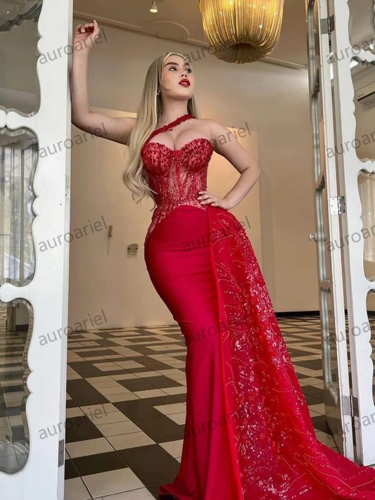 Luminous Red Applique Prom Dress, Strapless Mermaid