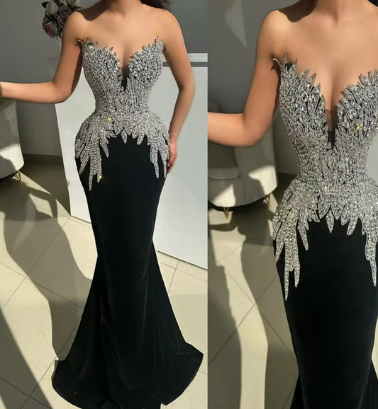 Off Shoulder Satin Saudi Evening Dresses Shiny Crystal Mermaid Prom Gown Backless Long Party Dress with Court Customized