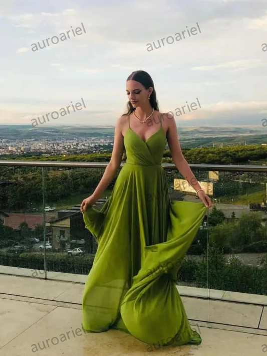 Sleeveless Spaghetti-Strap Long Chiffon A-Line Prom Dress