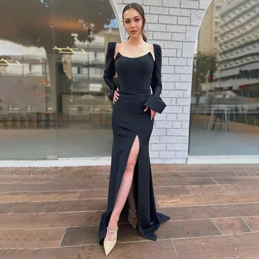 Sexy Evening Dress Black Side Split Long Sleeves Mermaid Evening Gowns for Women Trumpet Formal Party Dresses