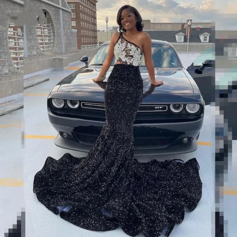 Sexy One Shoulder Sequin Prom Dresses For Black Girls Mermaid Evening Gowns Rhinestone Party Dress