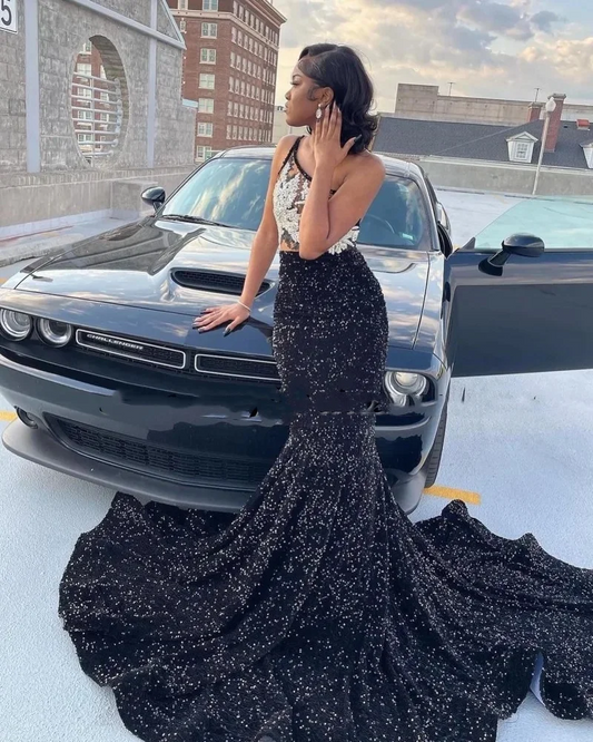 Sexy One Shoulder Sequin Prom Dresses For Black Girls Mermaid Evening Gowns Rhinestone Party Dress