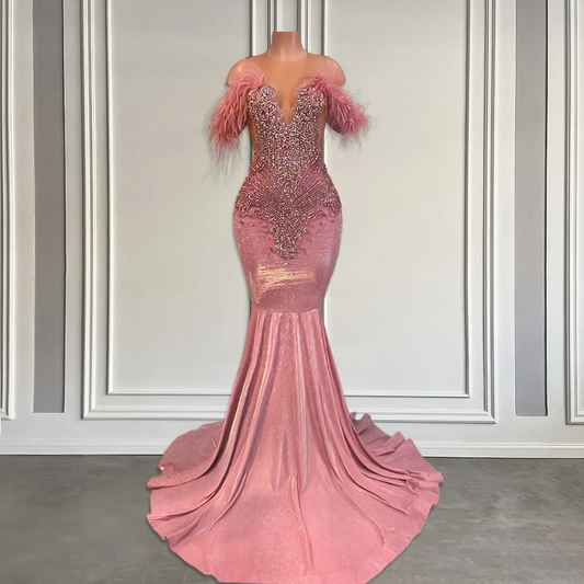 Pink Off-the-shoulder Long Mermaid Prom Dresses Luxury Sparkly Crystal Rhinestones Black Girls Prom Gala Gowns