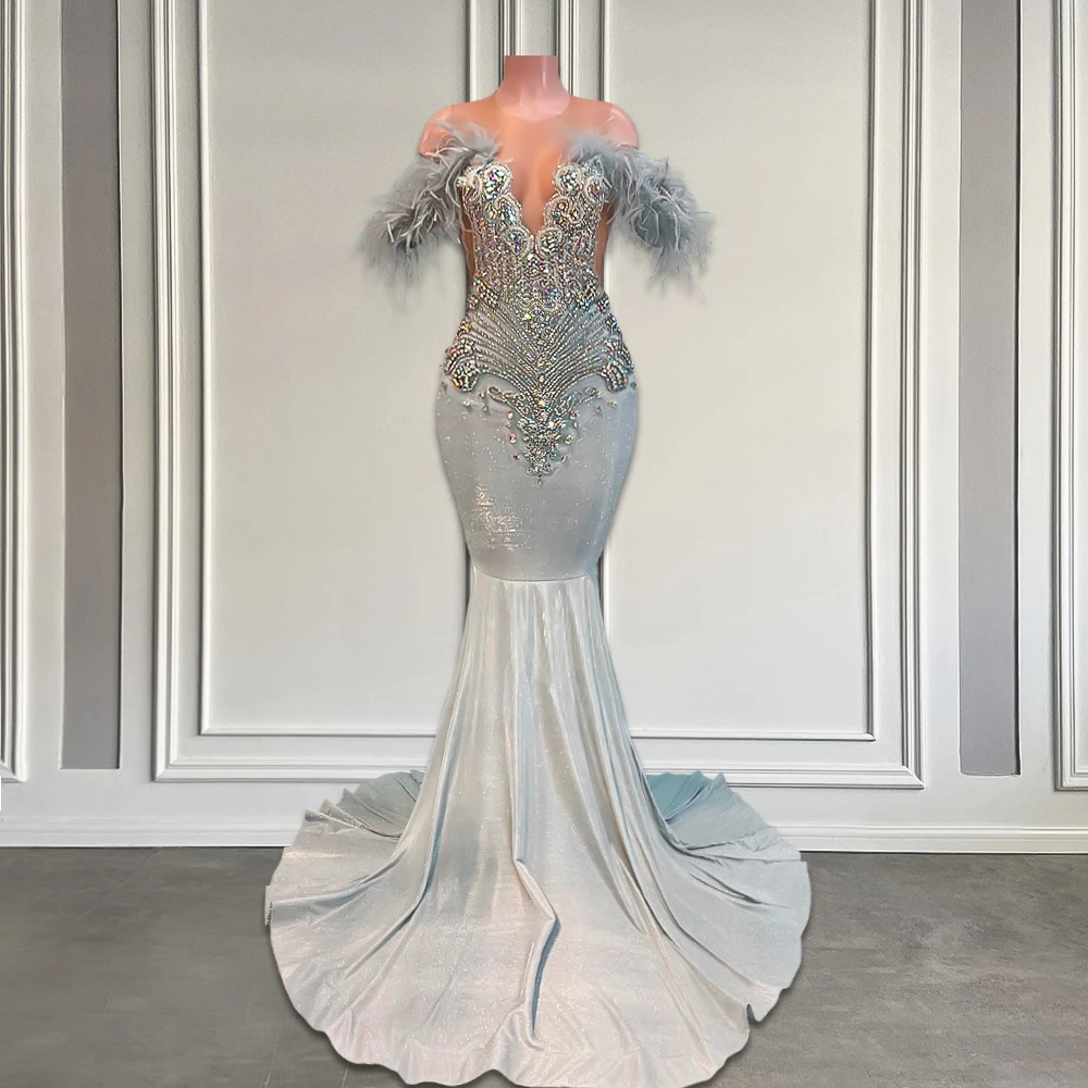 Pink Off-the-shoulder Long Mermaid Prom Dresses Luxury Sparkly Crystal Rhinestones Black Girls Prom Gala Gowns
