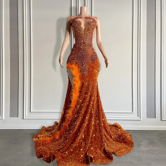 Sparkly Rhinestone Orange Feather Mermaid Prom Gowns Sexy High Slit Black Girl Sparkly Sequin Long Prom Dresses