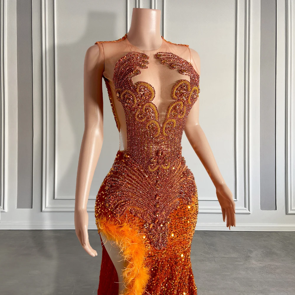 Sparkly Rhinestone Orange Feather Mermaid Prom Gowns Sexy High Slit Black Girl Sparkly Sequin Long Prom Dresses