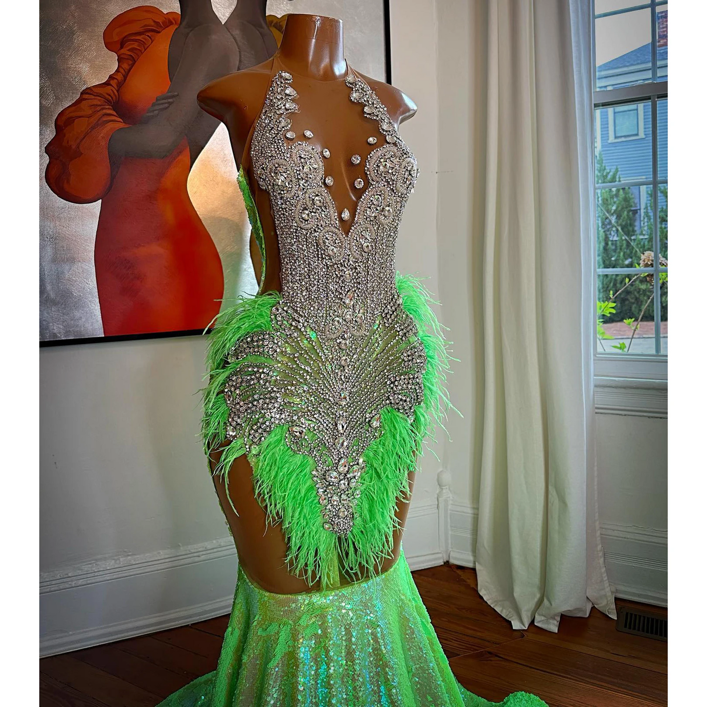 Glitter Green Mermaid Prom Dress Black Girls Luxury Crystal Beaded Long Prom Gowns Sexy Halter Feather Prom Dresses