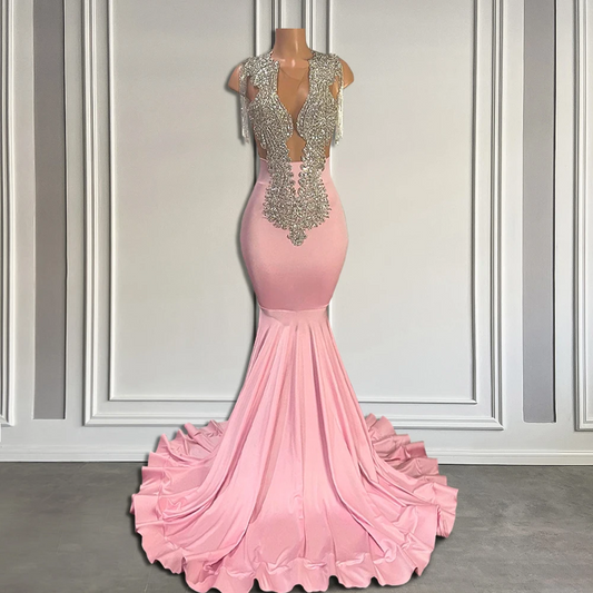 Luxury Diamond Long Pink Prom Dresses with Tassel Black Girl Sheer O Neck Beaded Mermaid Prom Gala Gowns