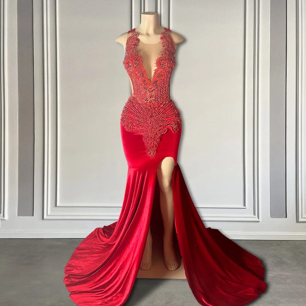 Sexy Thigh Split Red Long Prom Dresses for Black Girls Crimson Crystals Beaded Luxury Mermaid Prom Gala Gowns