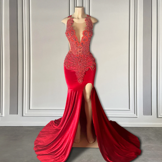 Sexy Thigh Split Red Long Prom Dresses for Black Girls Crimson Crystals Beaded Luxury Mermaid Prom Gala Gowns