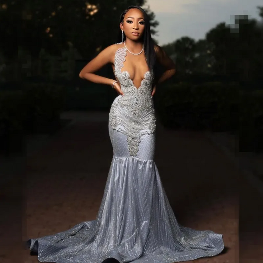 Luxury Silver Prom Dresses For Black Girls Diamond Sequin Mermaid Party Gowns Evening Dress