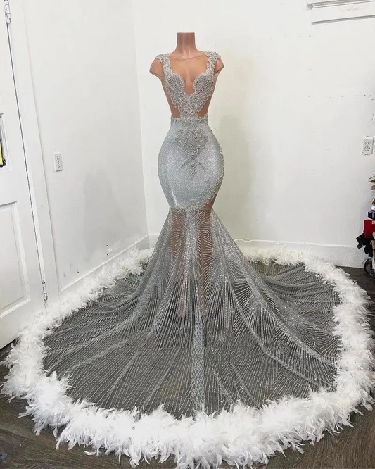 Sexy Sheer Neck Mermaid Prom Dresses For Black Girl White Sequins Plus Size Formal Evening Occasion Gowns
