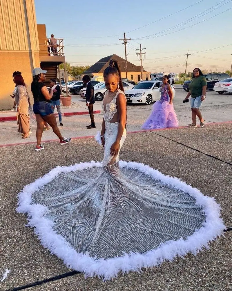 Sexy Sheer Neck Mermaid Prom Dresses For Black Girl White Sequins Plus Size Formal Evening Occasion Gowns