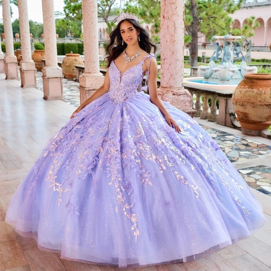 Lilac Sexy Spaghetti Strap Floral Gown Quinceanera Dress Sequin Applique Lace Glitters