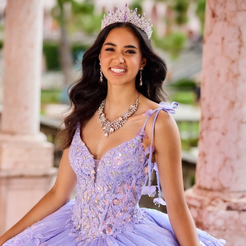 Lilac Sexy Spaghetti Strap Floral Gown Quinceanera Dress Sequin Applique Lace Glitters
