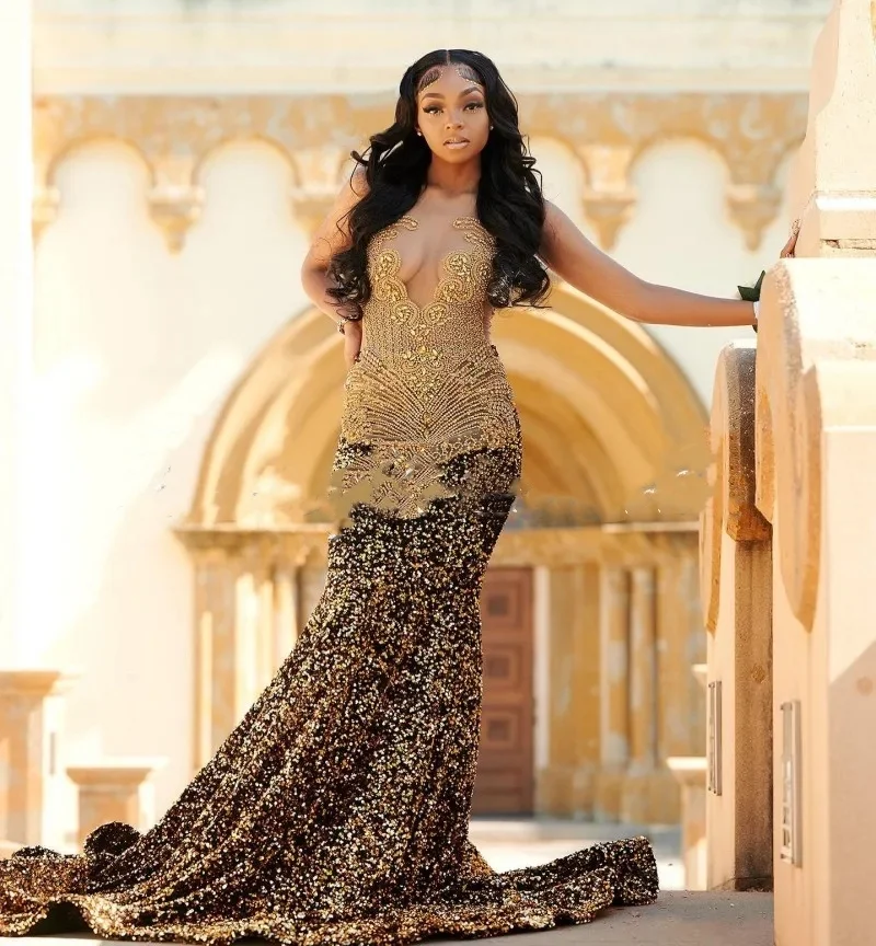 Sparkly Brown Sequins Mermaid Prom Dresses Sheer Neck Crystal Plus Size Birthday Party Gown