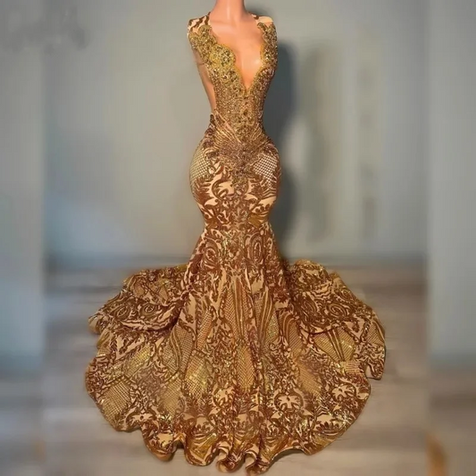 Sparkly Gold Diamonds Long Prom Dress For Black Girl Beaded Crystal Rhinestones Birthday Paty Gowns