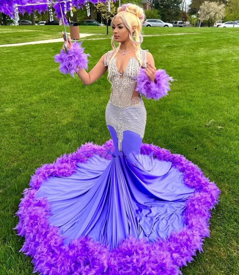 Luxury Purple Prom Dresses For Black Girls  Rhinestone Feathers African Women Mermaid Party Gowns