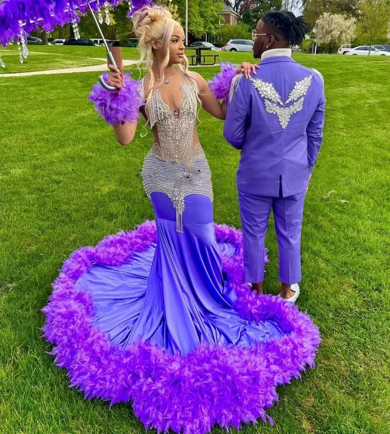 Luxury Purple Prom Dresses For Black Girls  Rhinestone Feathers African Women Mermaid Party Gowns