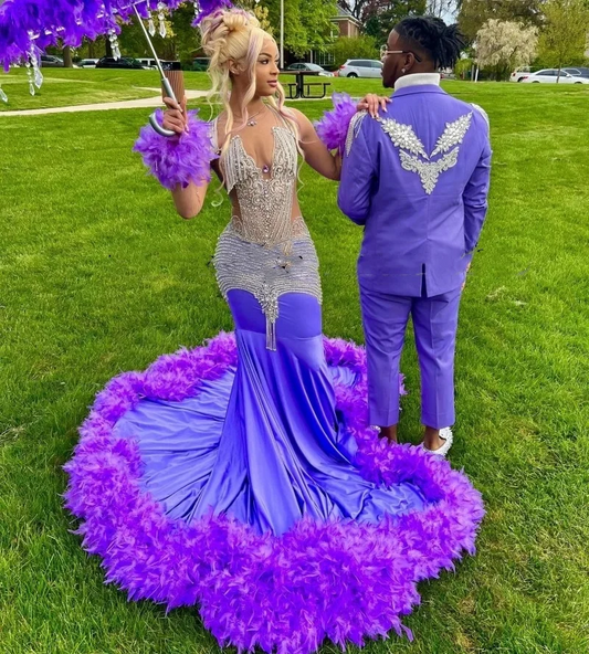 Luxury Purple Prom Dresses For Black Girls  Rhinestone Feathers African Women Mermaid Party Gowns
