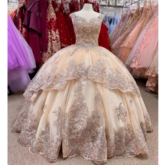 Champagne Quinceanera Dresses Ball Gowns Sequined Beading Appliques Sweep Train Party Luxury Prom Dress Vestidos De 15 Años