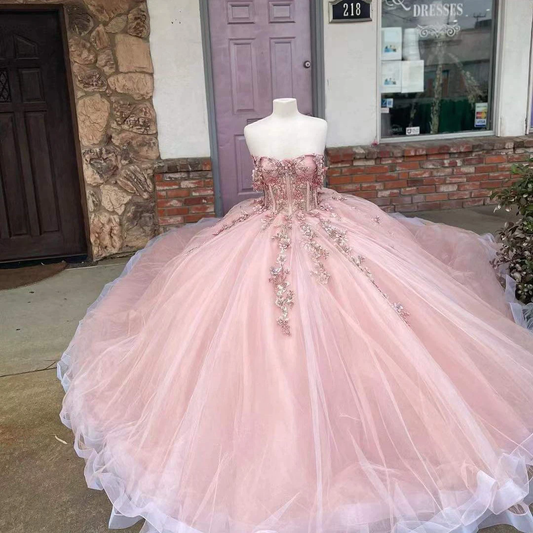 New Pink Quinceanera Dresses Ball Gowns Beading Handemade 3D Flowers For Sweet Girl Princess Ball Gowns Vestidos De 15 Años