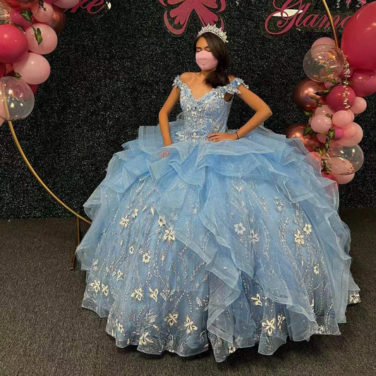 Blue Ball Gowns Quinceanera Dress For Sweet Girl Beading Sequin Appliques Sweetheart Princess Party Gown Vestidos De Quinceañera