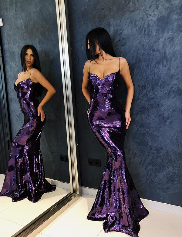 Sweetheart Prom Dress Mermaid Sequined Formal Evening Gown Purple Thin Straps