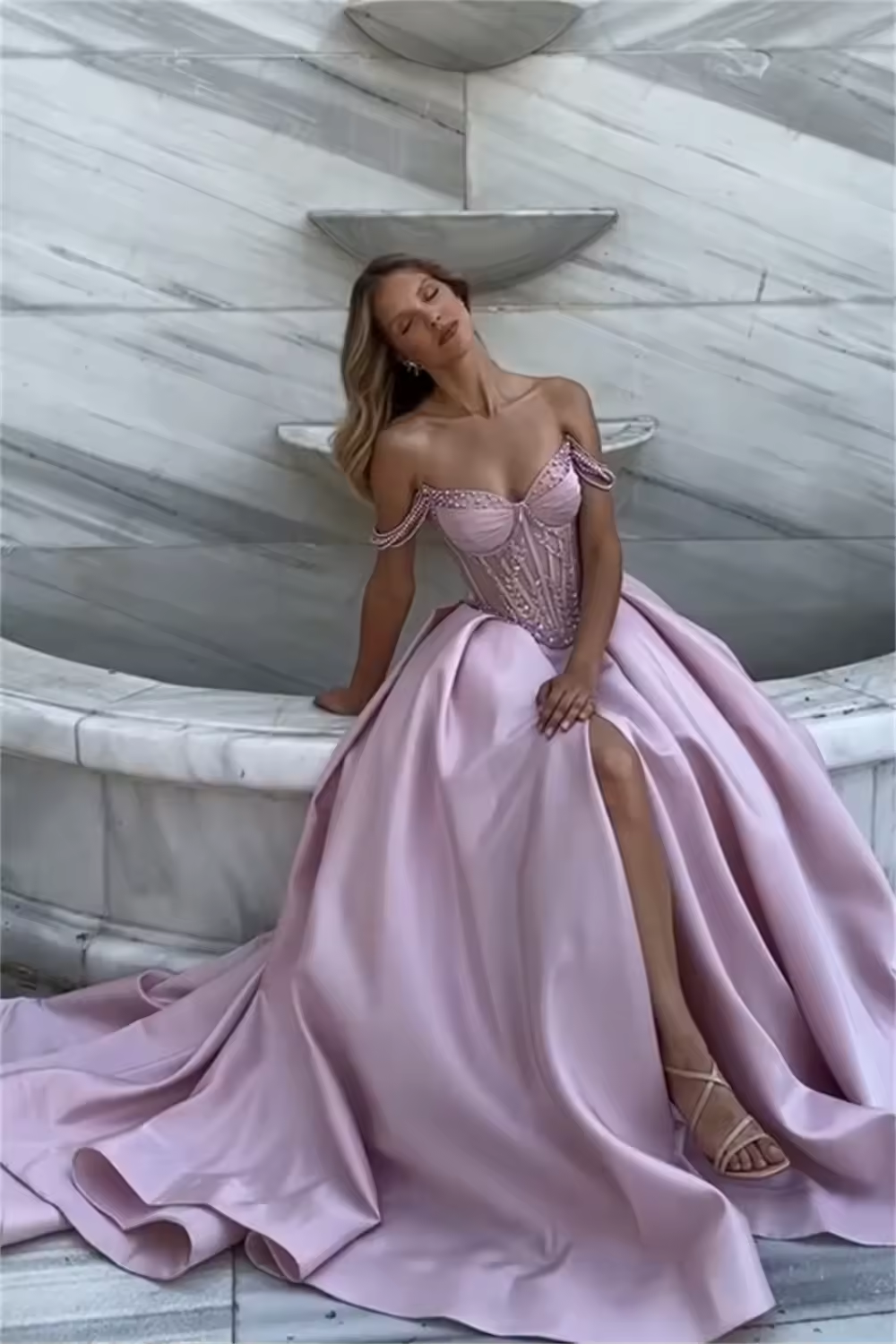Customized Off Shoulder Sweetheart Neck Princess Evening Dresses Side High Split Party DressesCathedral Train Prom Dresse