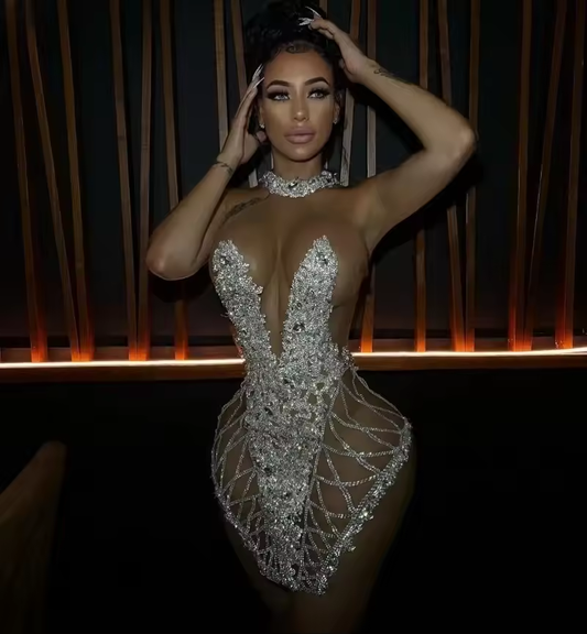 Silver Diamond Short Prom Dresses Black Girls Birthday Party Dresses Beaded African Mini Cocktail Dresses Homecoming Customized