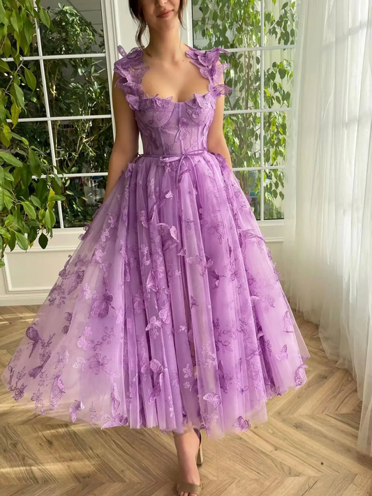 Women's Tulle Prom Dresses 3D Butterfly Spaghetti Straps with Slit Tea Length Homecoming Dress Graduation School Party Gown