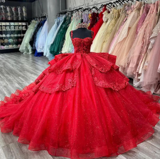 Red Sparkly Princess Quinceanera Dresses Floral Applique Boning Corset  Prom Lace Up