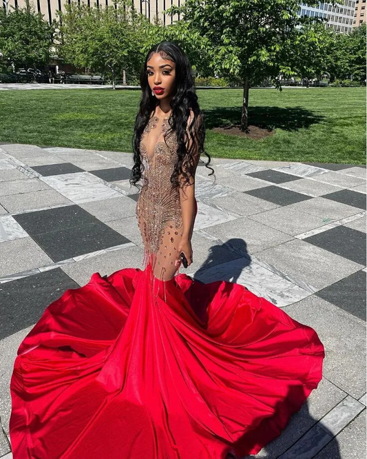 Red Gold Mermaid Prom Dress Glitter diamond Crystal Beads Feathers Wedding Party Evening Gown