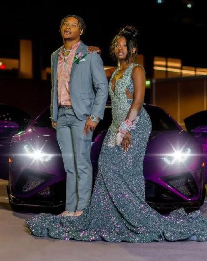 Silver Grey Diamond Mermaid Long Prom Birthday Dresses for Black Girl Sparkly Diamond Velvet Evening Ceremony Gala Dress